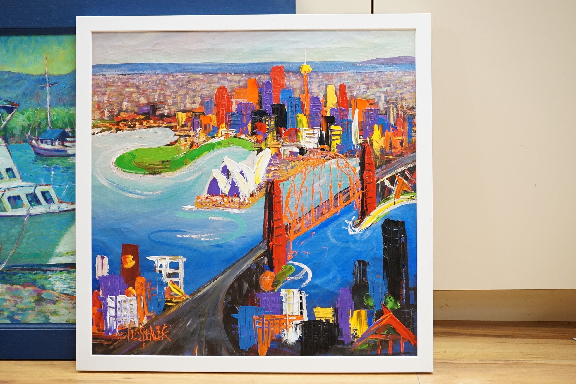 Des Spencer (Australian b.1963), overpainted and embellished giclee print on canvas, Sydney Opera House, together with Edwards, Moored boats in creek, signed and dated 2001, largest 48 x 59cm. Condition - good